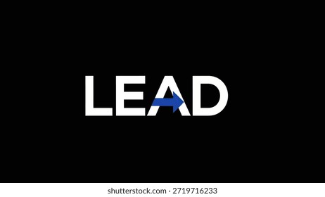 A stark black background highlights the bold white word 'LEAD', with a vibrant blue arrow seamlessly integrated into the letter 'A', pointing