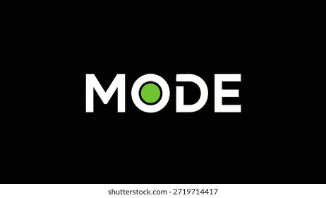 Ein schwarzer Hintergrund hebt den weißen Text 'MODE' hervor, wobei ein lebendiger grüner Punkt das 'O' ersetzt. Dieses Design ist sauber, modern und minimalistisch,
