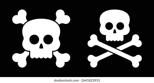 A stark black background hosts two stylized white skull and crossbones icons, evoking themes of danger and adventure in a minimalist graphic design style.