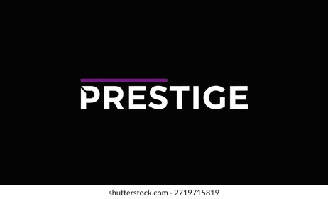 A stark black background serves as the canvas for the word 'PRESTIGE' rendered in bold, clean white lettering. A slender purple line elegantly
