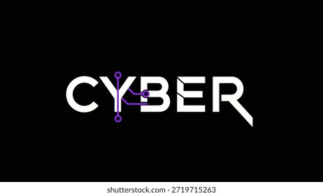 Auf schwarzem Hintergrund wird das Wort CYBER in fett weißer Schrift dargestellt. Der Buchstabe 'Y' wird mit violetten Leiterplattenlinien kreativ neu erfunden