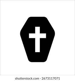 Um caixão preto gritante com uma cruz branca proeminente, simbolizando o descanso final e a lembrança solene. Este ícone minimalista é perfeito para serviços funerários