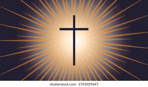 A stark black cross is illuminated by a bright, golden sunburst effect, symbolizing hope and divine presence