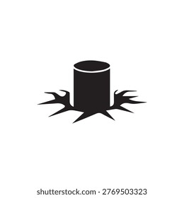 A stark black cylindrical object depicted as rising from a jaggedly broken surface on a clean white background. Represents emergence or destruction.