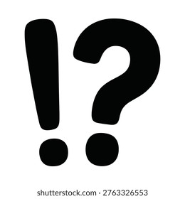A stark black exclamation point and question mark are displayed side by side on a white background