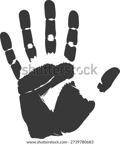 A stark black handprint image, isolated on a white backdrop, representing a physical impression.