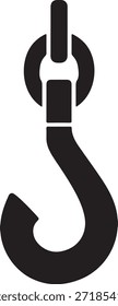 A stark black hook with a ring is displayed against a clean white background.