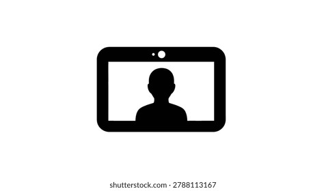 A stark black icon shows a faceless person's silhouette displayed on a tablet screen, symbolizing digital communication or a virtual presence. high-quality