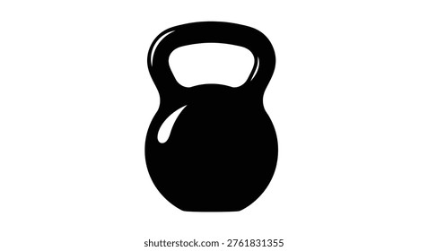 A stark black kettlebell is displayed as a simple silhouette, highlighting its curved handle and rounded base. It represents strength, fitness, and exercise.