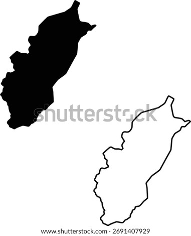 A stark black map silhouette paired with its exact outline, representing a specific elongated landform or administrative division.