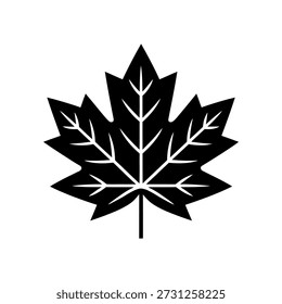 A stark black maple leaf graphic, representing Canada or autumn with simple lines.