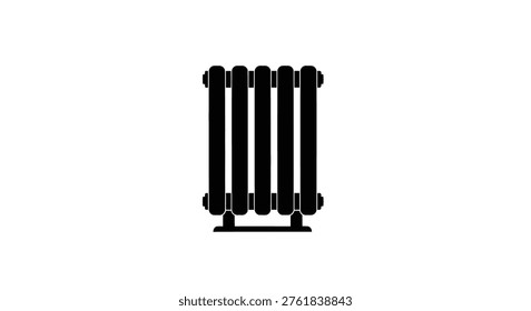 A stark, black radiator is presented as a flat silhouette on a white background, showcasing a classic heating design. It's a minimalist depiction.