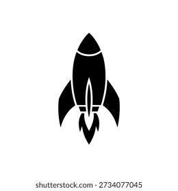 Una silueta de cohete negro retrata viajes espaciales y conceptos futuristas con un diseño simple.