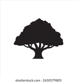 A stark black shape of a large tree with a broad, leafy crown and visible branches.
