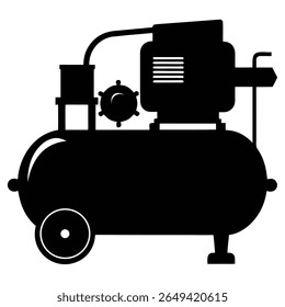 The stark black silhouette of an air compressor showcases a robust industrial instrument. Its design features a tank, motor, and wheel with a clean, transparent backdrop.