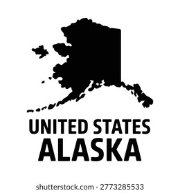 A stark black silhouette of alaska is displayed above the words united states alaska