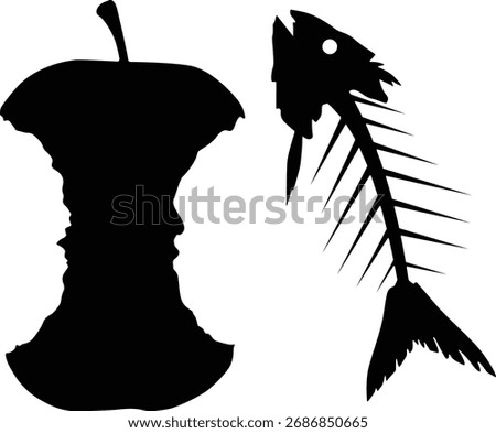 A stark black silhouette of an apple core and a fish skeleton, representing waste and remnants, in a minimalist, graphic style.