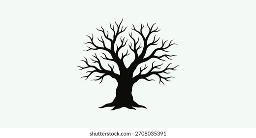 Eine krasse, schwarze Silhouette aus einem nackten, Laubbaum mit komplizierten Ästen auf weißem Hintergrund.