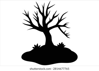 A stark black silhouette of a bare deciduous tree with gnarled branches on a small mound of earth and grass silhouette