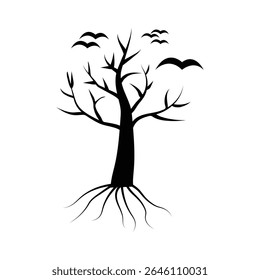 A stark, black silhouette of a bare tree with exposed roots and birds flying above, isolated on a white background.