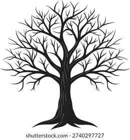 A stark black silhouette of a bare tree with intricate branches stands out against a clean white backdrop