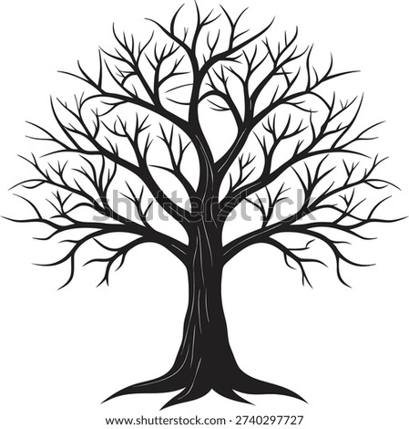 A stark black silhouette of a bare tree with intricate branches stands out against a clean white backdrop