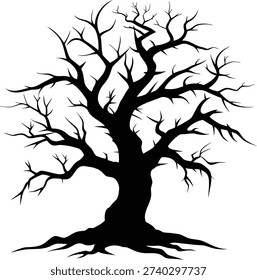 A stark black silhouette of a bare twisted tree with exposed roots against a white background