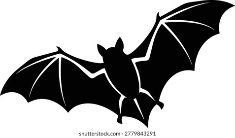 A stark black silhouette of a bat in mid-flight, its leathery wings fully extended, showcasing its distinctive shape against a white background.