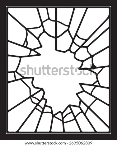 A stark black silhouette of a broken window pane with a jagged hole in the center, isolated on a white background.