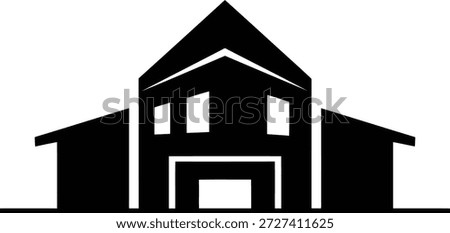 A stark black silhouette of a building with sharp, geometric lines and angles against a white background. The structure features a central peaked roof and symmetrical side wings.