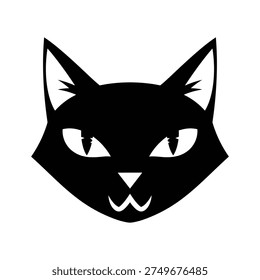 A stark black silhouette of a cat's face dominates the frame against a pure white background. Its sharp, triangular ears point upwards, and its eyes are depicted as glowing white shapes with dark pupils, conveying an intense gaze.