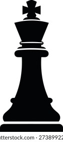 A stark black silhouette of a chess king piece stands isolated against a clean white background. The iconic shape features a base, a cylindrical body, and a distinctive top with a cross.