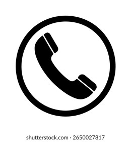 A stark black silhouette of a classic telephone handset is centrally placed within a bold black circular border. This iconic design represents communication and contact.
