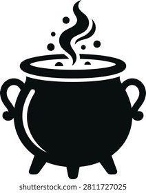A stark black silhouette of a classic witch's cauldron, bubbling with a smoky brew, perfect for Halloween or magical themes.
