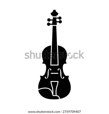 A stark black silhouette of a classical violin, a beautiful string instrument, stands upright against a clean white background, representing music and artistry.