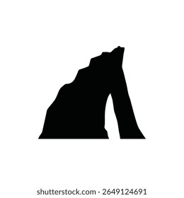 A stark black silhouette of a cliff formation against a white background features a prominent archway. The irregular shape of the rock suggests a natural formation.