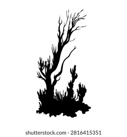 A stark black silhouette of a dead tree with twisted branches and surrounding bushes, emphasizing desolation and natural decay.