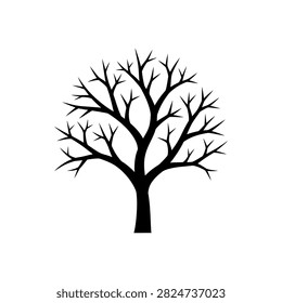 A stark black silhouette of a deciduous tree without leaves, standing alone against a clean white background, symbolizing winter or dormancy.