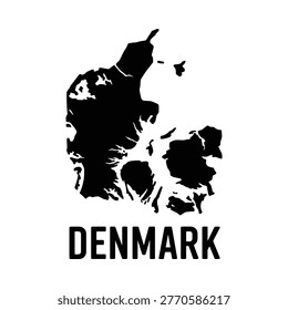 A stark black silhouette of denmark s landmass is presented above its name in bold text
