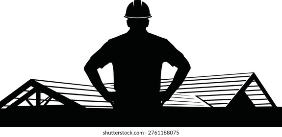 A stark black silhouette depicts a construction worker observing a house's architectural plans, symbolizing building and design.
