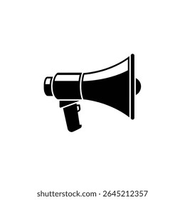 A stark black silhouette depicts a megaphone, also known as a loudspeaker, featuring a handle angled for hand-held use. It's isolated against a white backdrop.