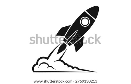 A stark black silhouette depicts a rocket ascending with a plume of smoke and fire, symbolizing space exploration and ambition.