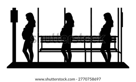 A stark black silhouette depicts three pregnant women at a bus stop, conveying anticipation and modern urban life.