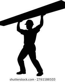 A stark black silhouette depicts a worker straining to carry a long, rectangular beam above his head, symbolizing labor and strength.