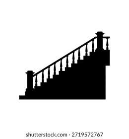 Una silueta negra de una elegante escalera interior con una barandilla detallada y robustos postes de neón, aislados sobre un fondo blanco.