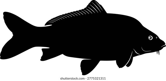 A stark, black silhouette of a fish with visible fins, scales, and whiskers, reminiscent of an old engraving.