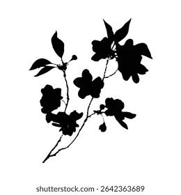 A stark black silhouette of a flowering branch against a white background. The image features several blossoms and leaves in a simple, elegant style. The style is minimalist and graphic.