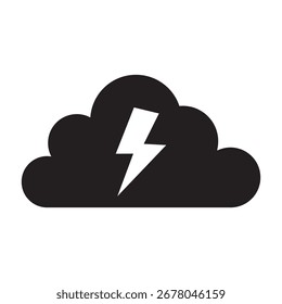 Uma silhueta preta escura de uma nuvem fofa contém um relâmpago branco brilhante, simbolizando uma descarga elétrica poderosa no céu. Isolado em um fundo branco limpo.