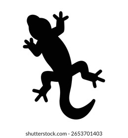 Uma silhueta preta escura de uma lagartixa é representada sobre um fundo branco limpo. O réptil é mostrado de uma perspectiva de cima para baixo, com seu corpo alongado e seus membros abertos.