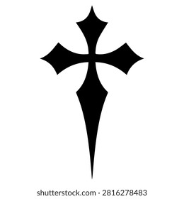 A stark black silhouette of a gothic cross with pointed lobes and a downward-pointing finial, representing faith and spiritual devotion. Ideal for designs.